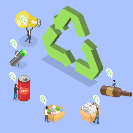 3D Isometric Flat Vector Illustration of Separation And Recycling, The Symbol Of Trash Separation Among Different People Handsのイラスト素材