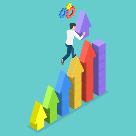 3D Isometric Flat Vector Illustration of Career Growth, Upskill, Business Advancement Through Personal Development And Leadership Effortsのイラスト素材