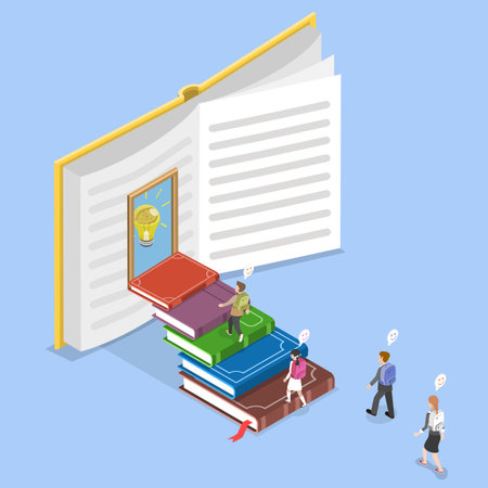 3D Isometric Flat Vector Illustration of Reading As A Success In The Future, Group Of Children Students Posing With Open Book And Light Bulb Ideaのイラスト素材