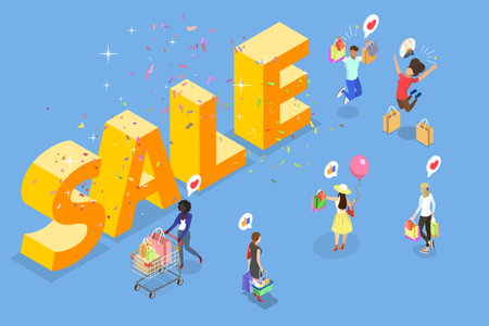 3D Isometric Flat Vector Illustration of Compulsive Shopping, E-commerce Advertisingのイラスト素材