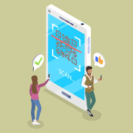 3D Isometric Flat Vector Illustration of Demonstrating QR Code For Sharing Contacts, Confirming Online Transactionsのイラスト素材