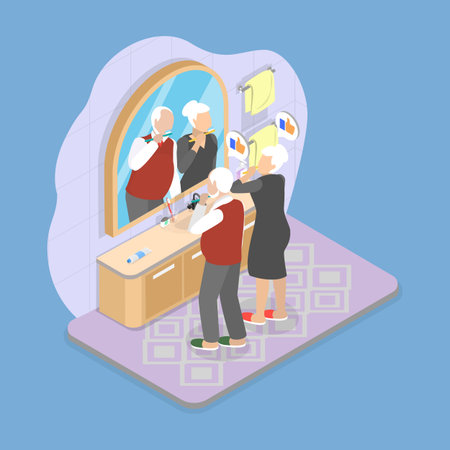 3D Isometric Flat Vector Illustration of Dentistry and Healthcare, Elderly Couple Engaging In Morning Rituals Side By Sideのイラスト素材