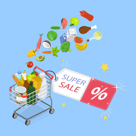 3D Isometric Flat Vector Illustration of Online Shopping Grocery, Advertising Grocery Saleのイラスト素材