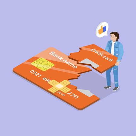 3D Isometric Flat Vector Illustration of Payment Dispute, The Process Of Repairing Poor Credit By A Confident Businessman With Fixed Credit Cardのイラスト素材