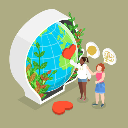3D Isometric Flat Vector Illustration of Psychotherapy Help, Global Psychology, Breaking Boundaries And Bordersのイラスト素材