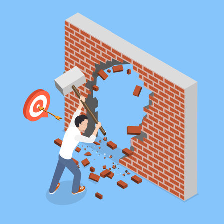 3D Isometric Flat Vector Illustration of Breakthrough to Goal, Ambitious Young Businessman Smashing Wall To Achieve Business Successのイラスト素材