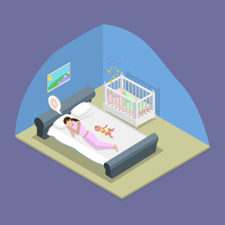 3D Isometric Flat Vector Illustration of Tired Mother, Understanding Postpartum Depression In The Context Of Parenthoodのイラスト素材