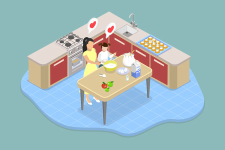 3D Isometric Flat Vector Illustration of Meaningful and Engaged Family Time, Cooking And Bonding With Childrenのイラスト素材