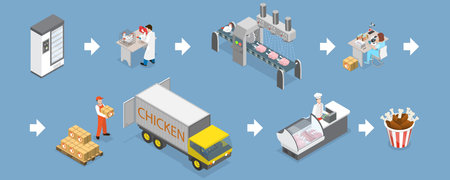 3D Isometric Flat Vector Illustration of Organic Farming, Chicken Meat Productionのイラスト素材