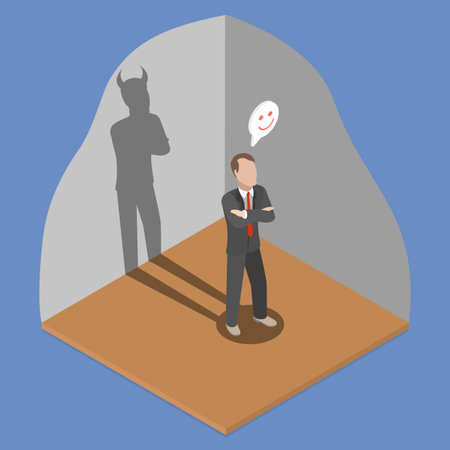 3D Isometric Flat Vector Illustration of Evil Employee, Bold Businessman With Sinister Intentions Crosses Arms Near Shadow With Devil Hornsのイラスト素材