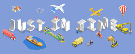 3D Isometric Flat Vector Illustration of JIT Manufacturing, Timely Arrival Of Components And Materials As Per Just In Time Conceptのイラスト素材