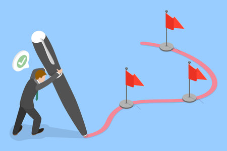 3D Isometric Flat Vector Illustration of Way To Goal, Man Strategizes Future Through Goal-Setting And Progress Mapping To Achieve Big Dreamsのイラスト素材