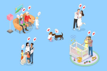 3D Isometric Flat Vector Illustration of Happy Family Moments, Portraying Love, Joy, And Togetherness In Human Relationships Concept.のイラスト素材