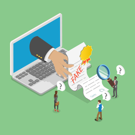 3D Isometric Flat Vector Illustration of Fake Detector, Inspector Authenticates Phony Documentのイラスト素材