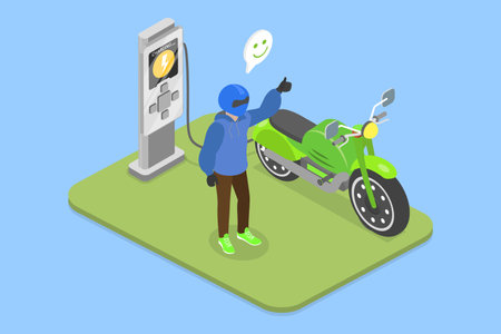 3D Isometric Flat Vector Illustration of Renewable Eco Technologies, Electric Motorbike Public Charging Stationのイラスト素材