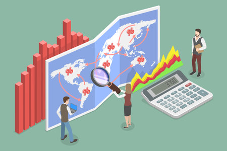 3D Isometric Flat Vector Illustration of Population Research, Exploring Global Population Statistics With Magnifying Glass On World Map.のイラスト素材