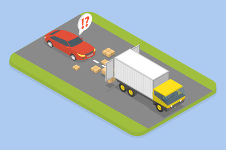 3D Isometric Flat Vector Illustration of Road Accident, Boxes Spilled From Truck Into Passing Car Due To Door Being Left Unlockedのイラスト素材