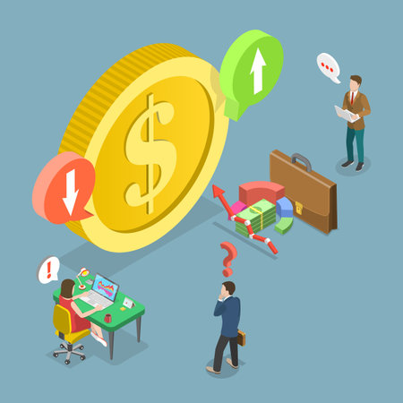 3D Isometric Flat Vector Illustration of Cost Of Dollar, Fluctuating Costs With Arrow Movementsのイラスト素材