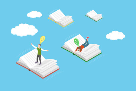 3D Isometric Flat Vector Illustration of Book Reading, Couple Soaring Above On Books Above The Cloudsのイラスト素材