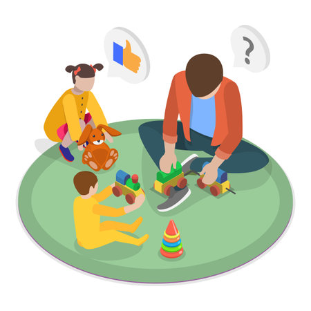 3D Isometric Flat Vector Illustration of Taking Care of Eldery and Kids, Scenes of Caregiver Services. Item 3のイラスト素材