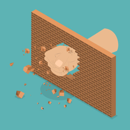 3D Isometric Flat Vector Illustration of Break Through, Powerful Fist Punching Through A Wallのイラスト素材