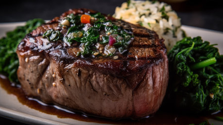 Grilled beef steak with kale and dumpling on a plateの素材