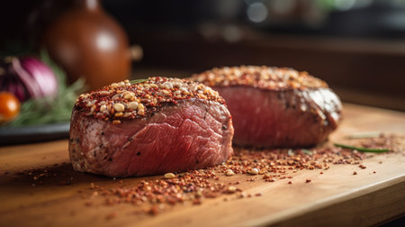Tenderloin steak with spices and herbs on a cutting board.の素材