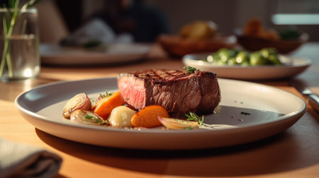 steak with vegetables on a white plate in a restaurant or cafe.の素材