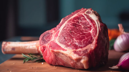 Raw fresh beef ribeye steak with spices and herbs on cutting board. AI Generated.の素材