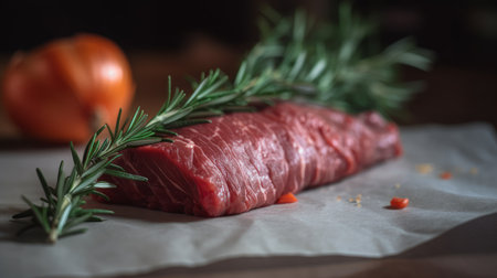 Raw beef steak with rosemary and spices on baking paper. AI Generated.の素材