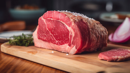 Raw beef steak on cutting board with herbs and spices on wooden background. AI Generated.の素材