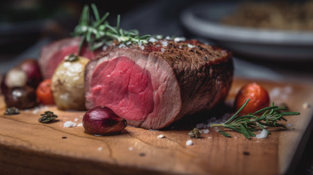 Beef steak with rosemary and garlic on a wooden board. AI Generated.の素材