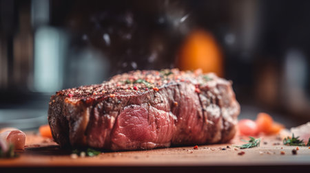 Grilled beef steak on cutting board with spices and vegetables, closeup. AI Generated.の素材