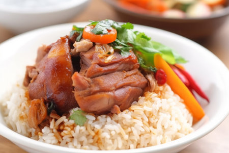 Thai food pork and rice with vegetables and chili sauces. AI Generated.の素材