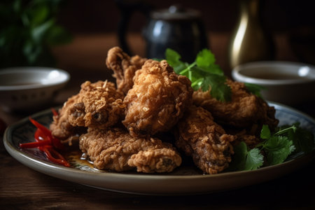 Fried chicken in a plate on a wooden table, selective focusの素材