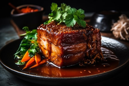 Pork belly in teriyaki sauce with celery and carrotsの素材