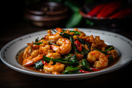 Stir-fried Shrimp with basil and chili on white plate