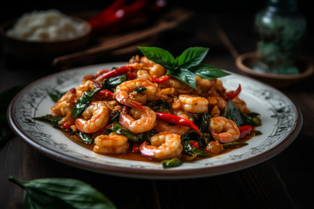 Stir-fried prawns with basil and chili, Thai foodの素材