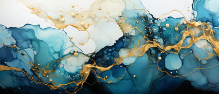 Alcohol ink digital abstract background with gold and blue stains.の素材