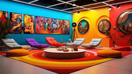 Modern bright living room interiors with art wallpaper.の素材