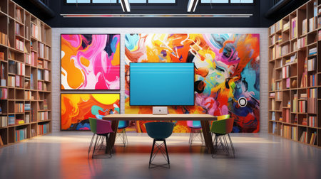 Modern bright meeting room interiors with art wallpaper.の素材