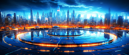 Abstract technology digital hi-tech city concept background.の素材