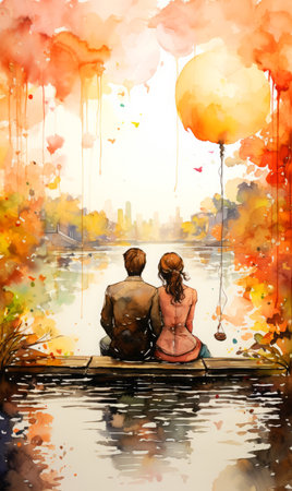 Watercolor painting of a couple in the autumn park.の素材