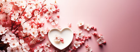 Cherry blossoms and white heart-shaped box on pink backgroundの素材