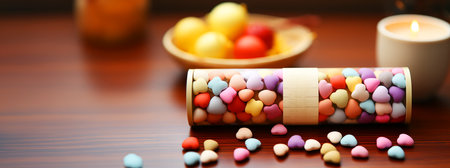 Heart shrap candy in the box on the wooden table.の素材