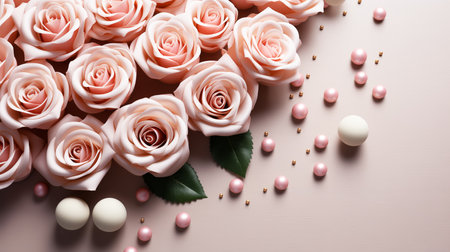 Valentine's day background with beautiful flowers and hearts. Space for text.の素材