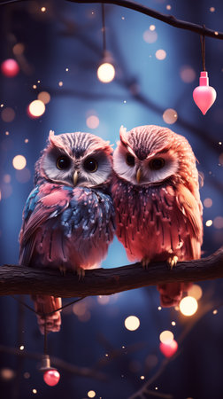 Two owls in love on a branch with flowers. Romantic background. Valentine's Day.の素材