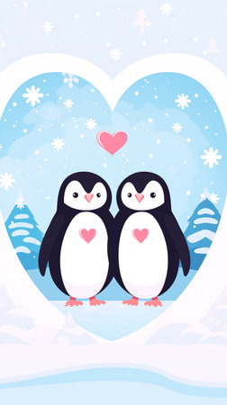 Cute penguin couple in love on the snow, Valentine's Day.の素材