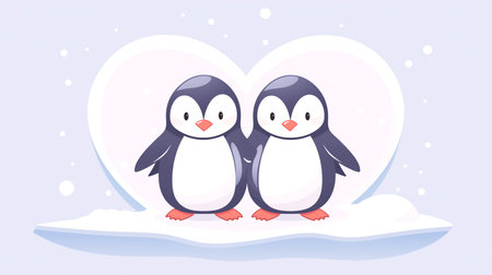 Cute penguin couple in love on the snow, Valentine's Day.の素材