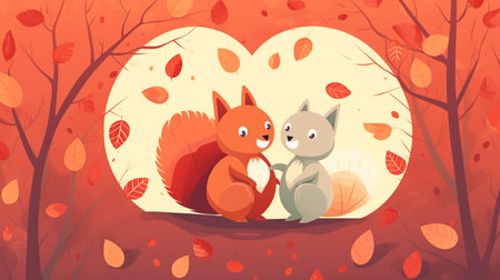 Valentine's Day greeting card with two cute squirrels holding red hearts.の素材